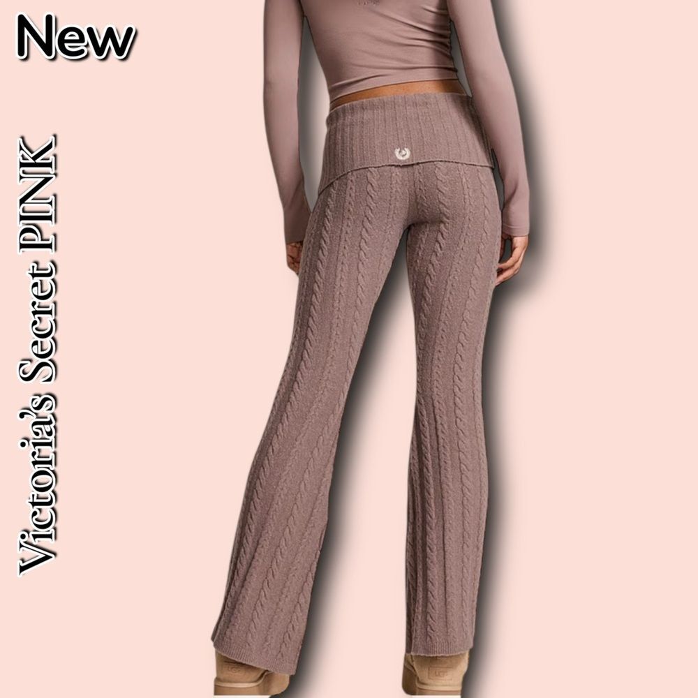 🔴NWT Victoria’s Secret PINK Collegiate Cable-Knit Foldover Flare Pants – Iced - Picture 6 of 6